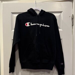 Champion Black Hoodie with White Script and Red Logo Accent